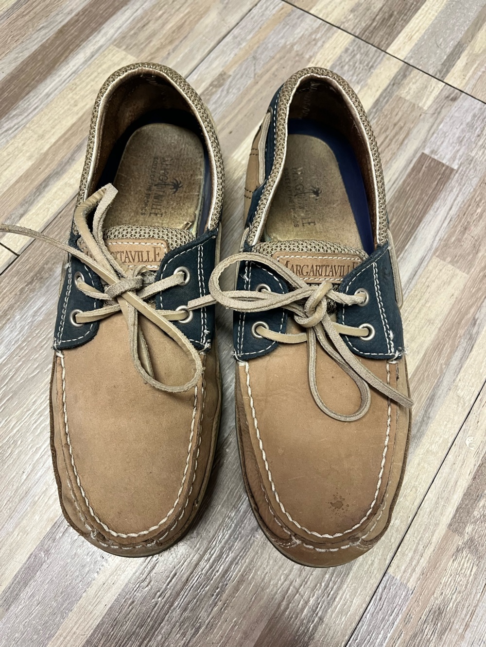 Margaritaville Men's Tan and Navy Leather Boat Shoes